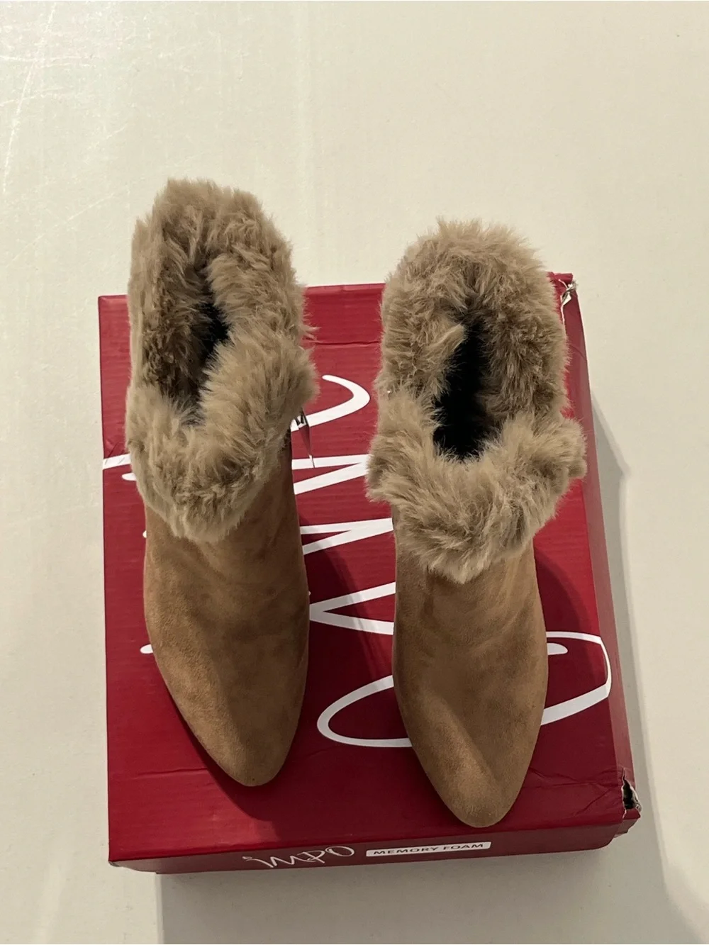 Faux Suede Fur-Trim Ankle Boots in Taupe